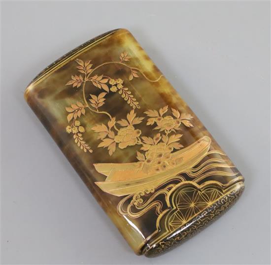 A Japanese gilt lacquered tortoiseshell cigar case, Meiji period, H. 12cm